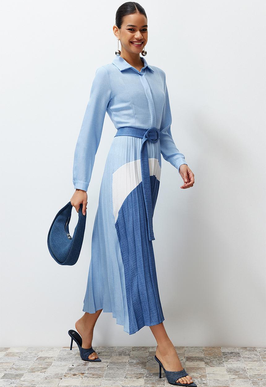 Trendyol - Midi Woven Pleated Dress - Blue