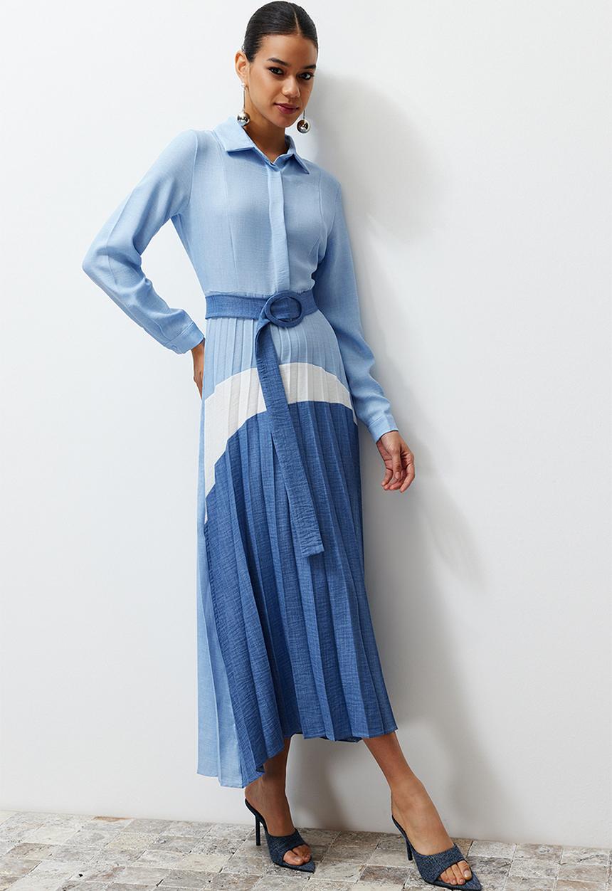 Trendyol - Midi Woven Pleated Dress - Blue