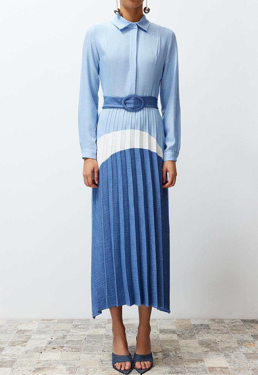 Trendyol - Midi Woven Pleated Dress - Blue