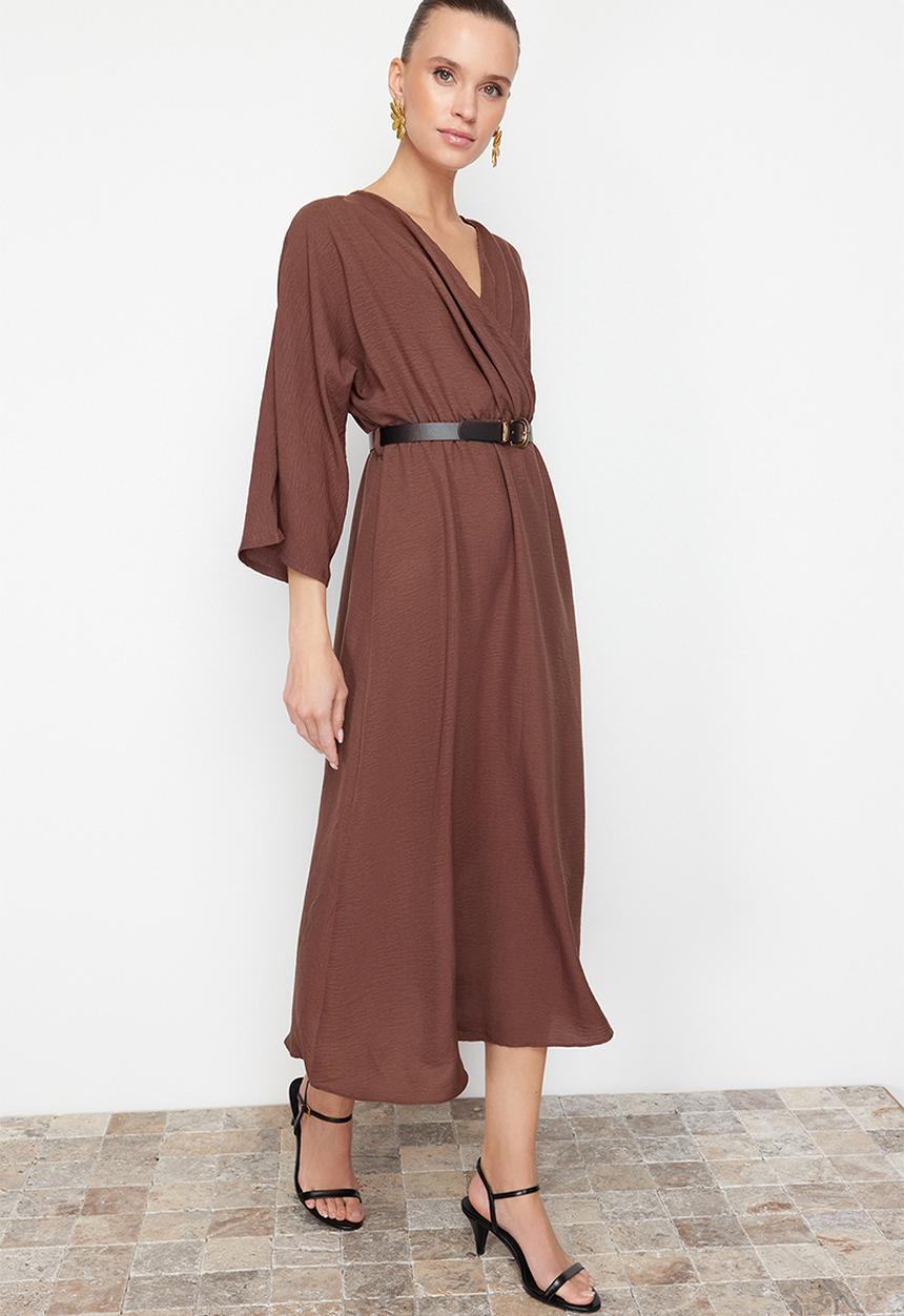 Trendyol - Midi Aline Woven 3/4 Slv Dress - Brown