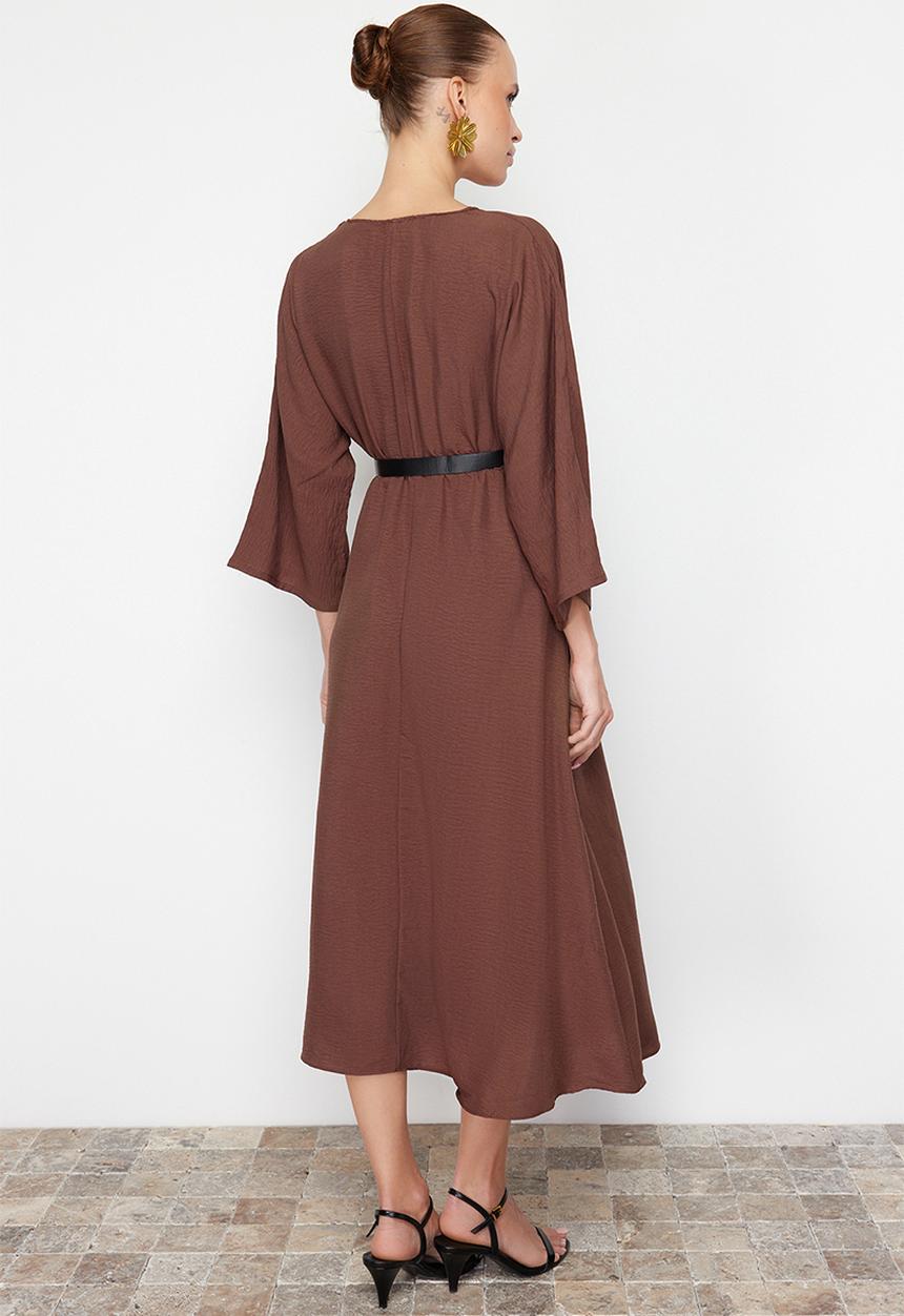 Trendyol - Midi Aline Woven 3/4 Slv Dress - Brown