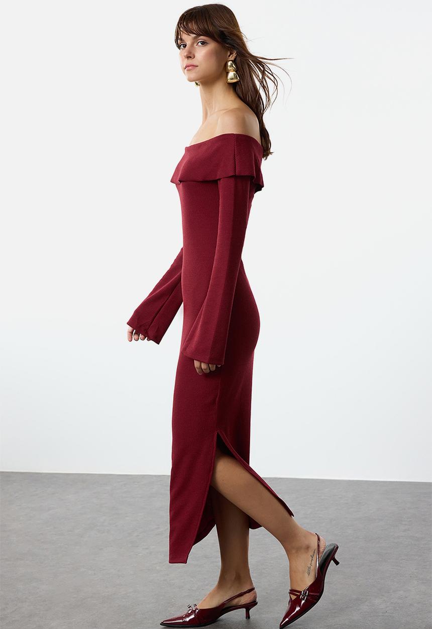 Trendyol - Midi Pencil Knit Dress - Burgundy
