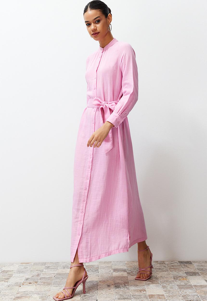 Trendyol - Maxi Woven Buttoned Up Dress - Pink