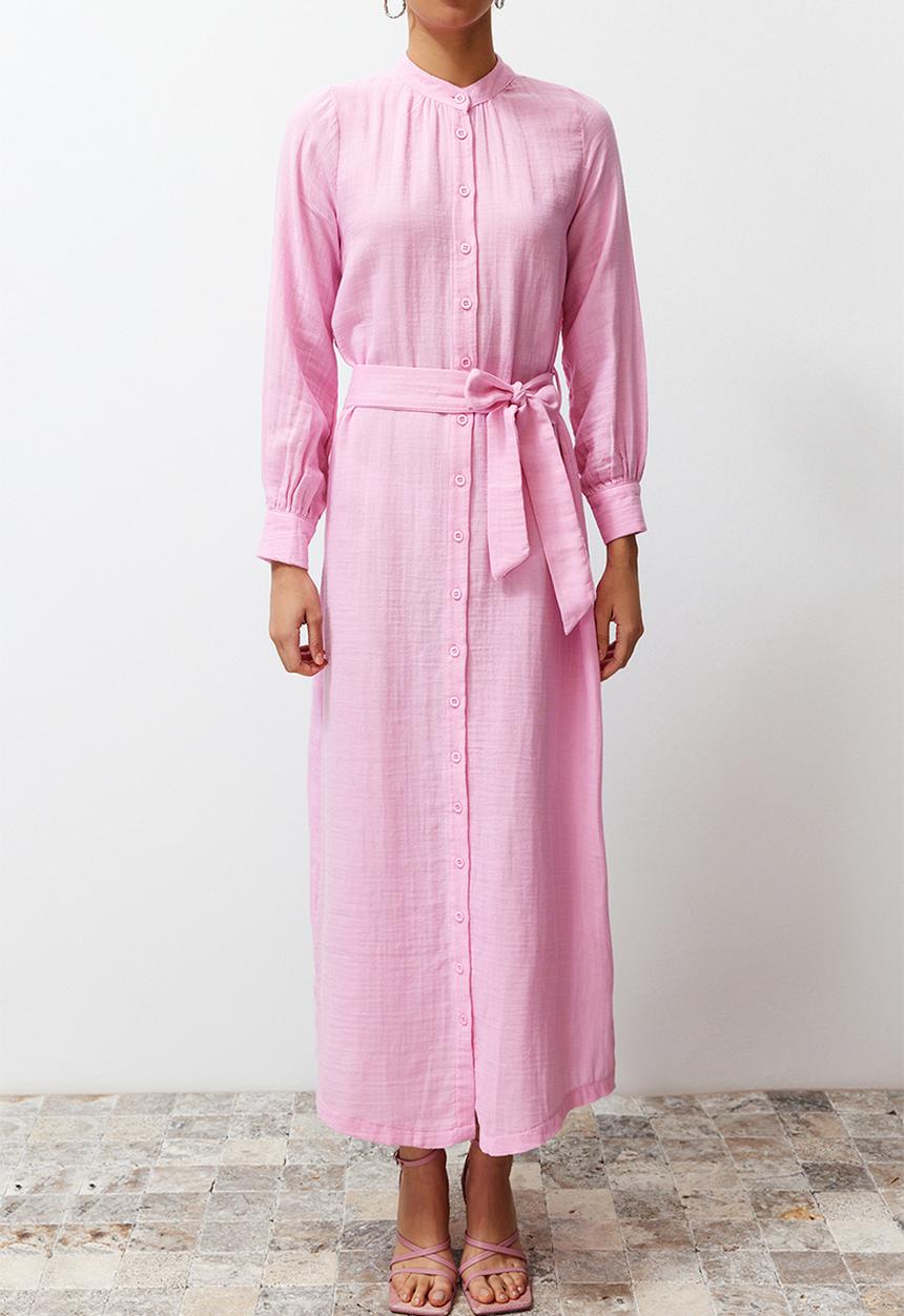Trendyol - Maxi Woven Buttoned Up Dress - Pink