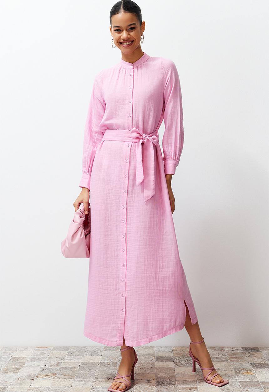 Trendyol - Maxi Woven Buttoned Up Dress - Pink