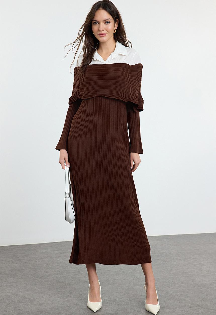 Trendyol - Maxi knit Drop Shoulder Dress - Brown
