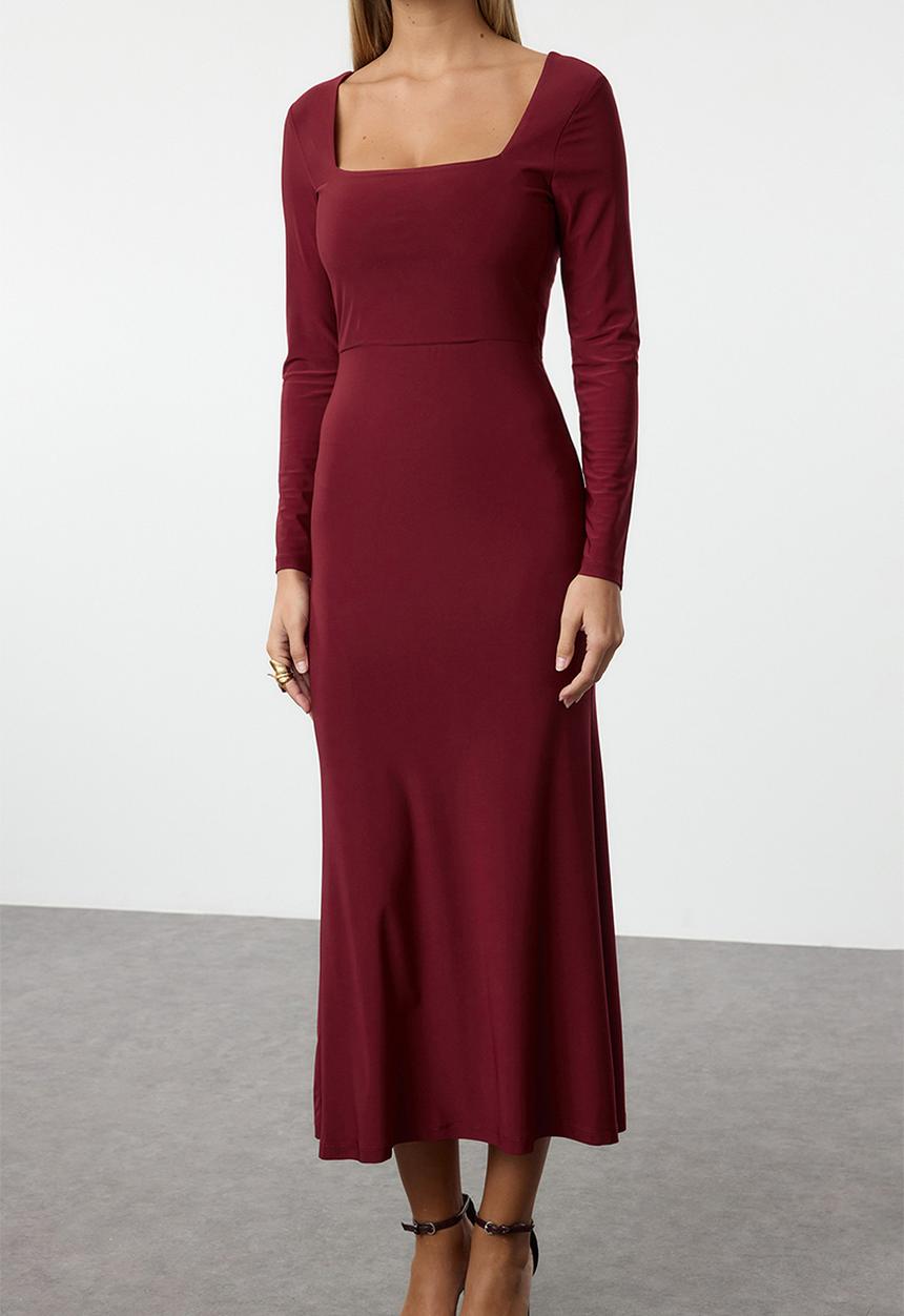 Trendyol - Midi Straight Cut Knit Dress - Red