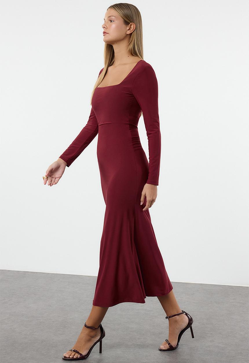 Trendyol - Midi Straight Cut Knit Dress - Red
