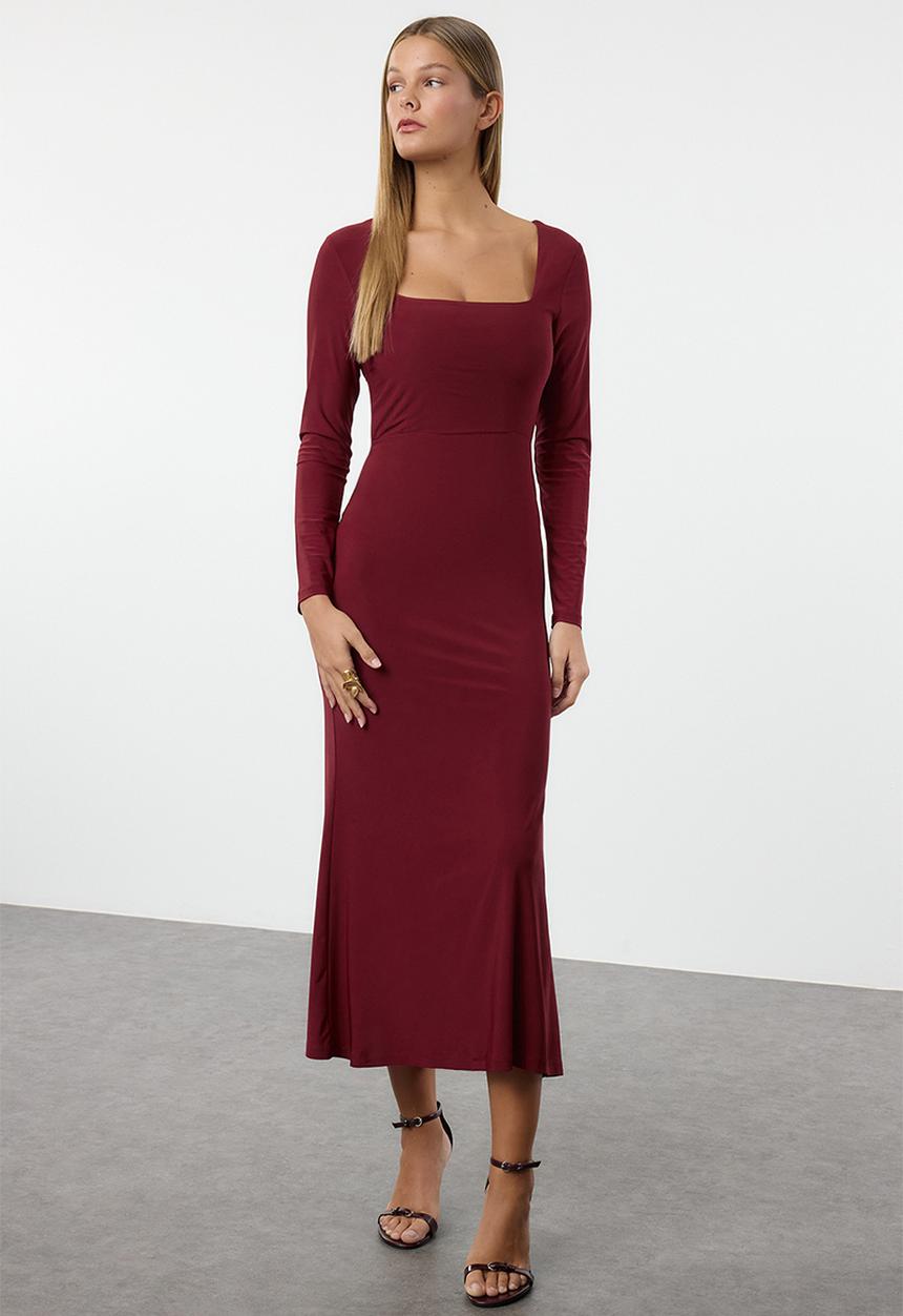 Trendyol - Midi Straight Cut Knit Dress - Red