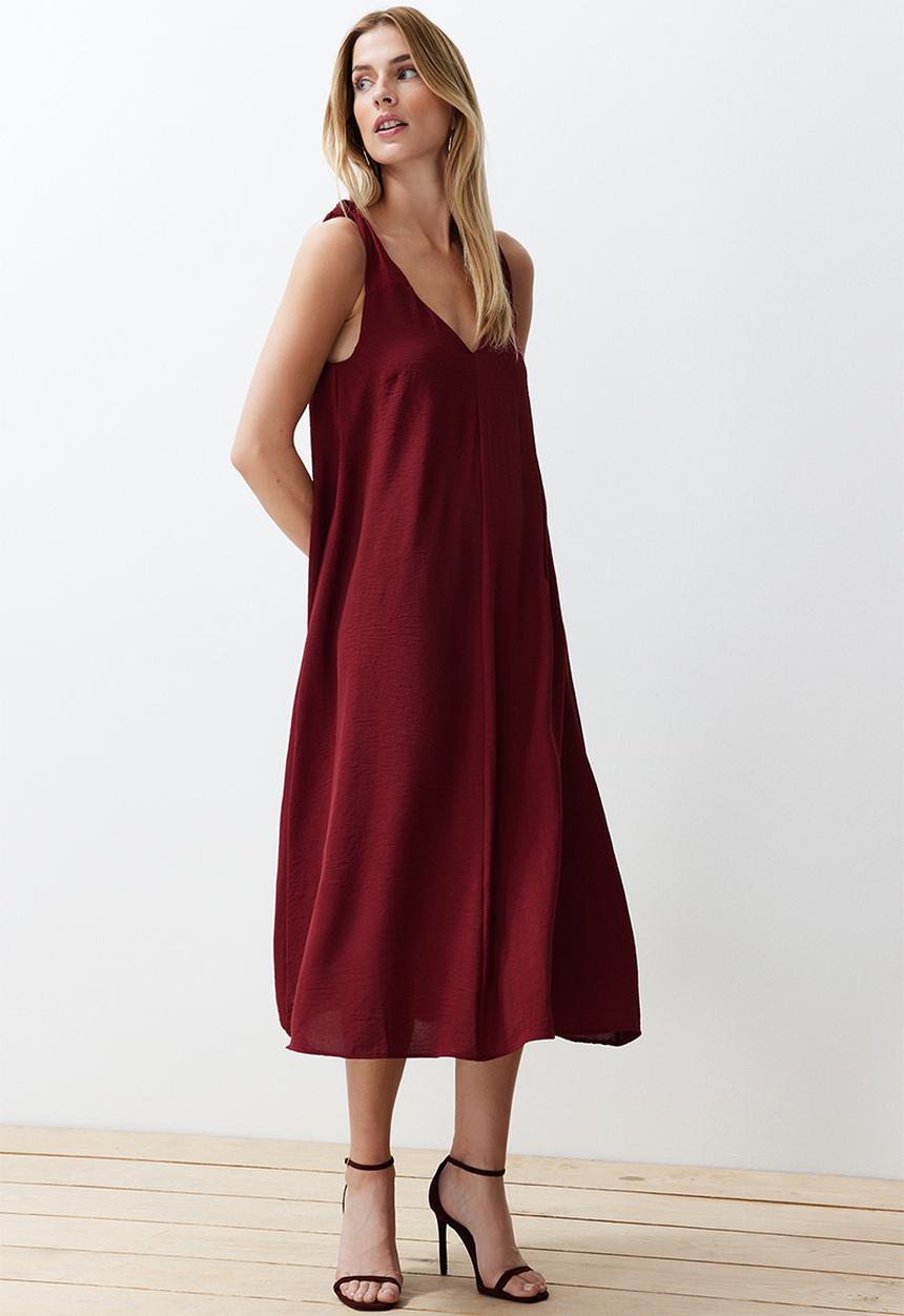 Trendyol - Midi Aline Woven Vee Relaxed Dress - Red