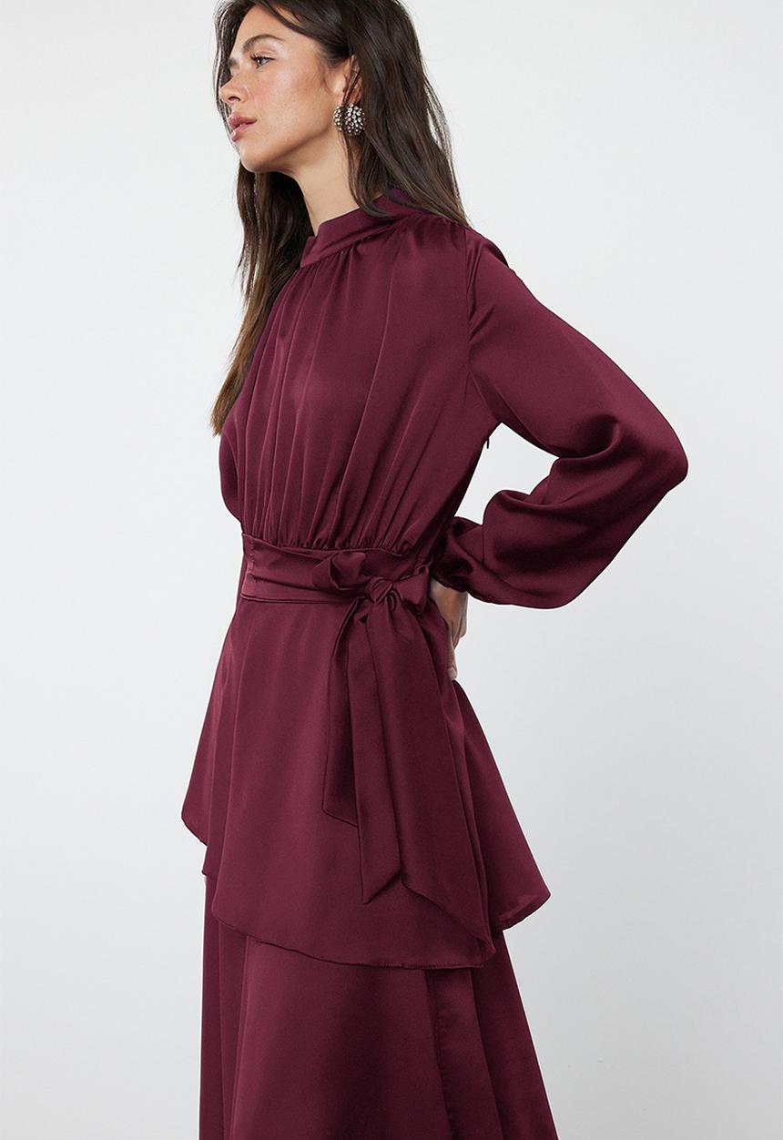 Trendyol - Maxi A line High Neck Woven Dress - Burgundy