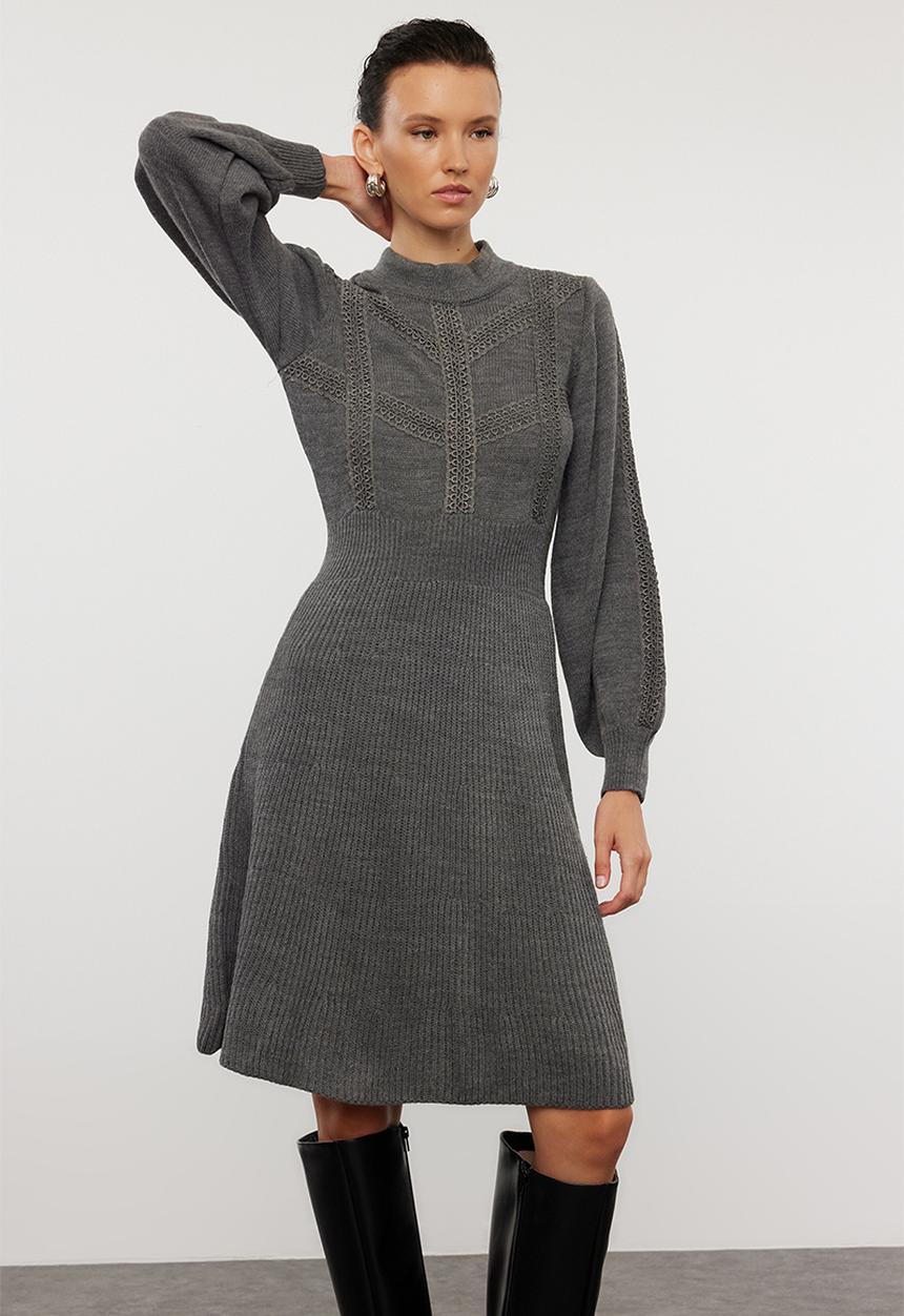 Trendyol - Midi Knit Dress - Grey