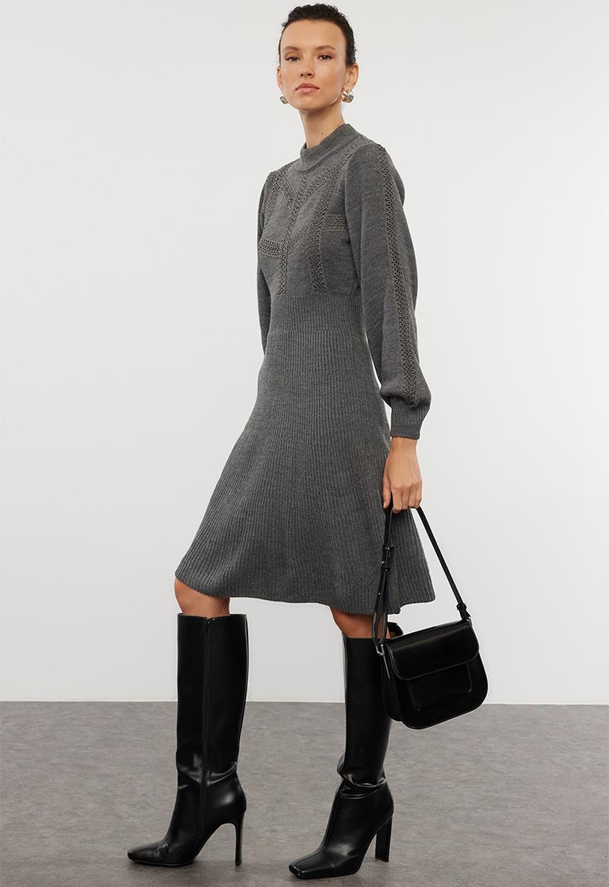 Trendyol - Midi Knit Dress - Grey