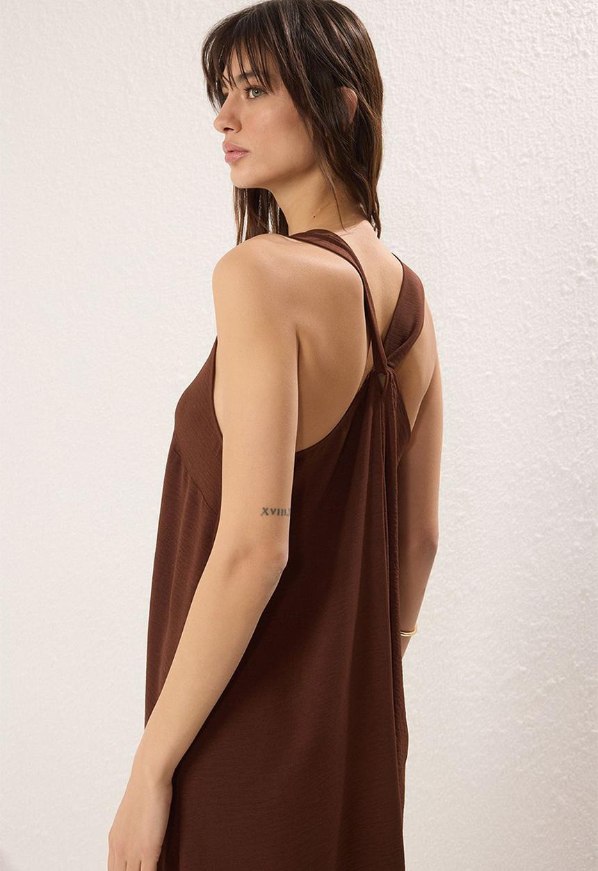 Trendyol - Midi Aline Woven Deep Vee Dress - Brown