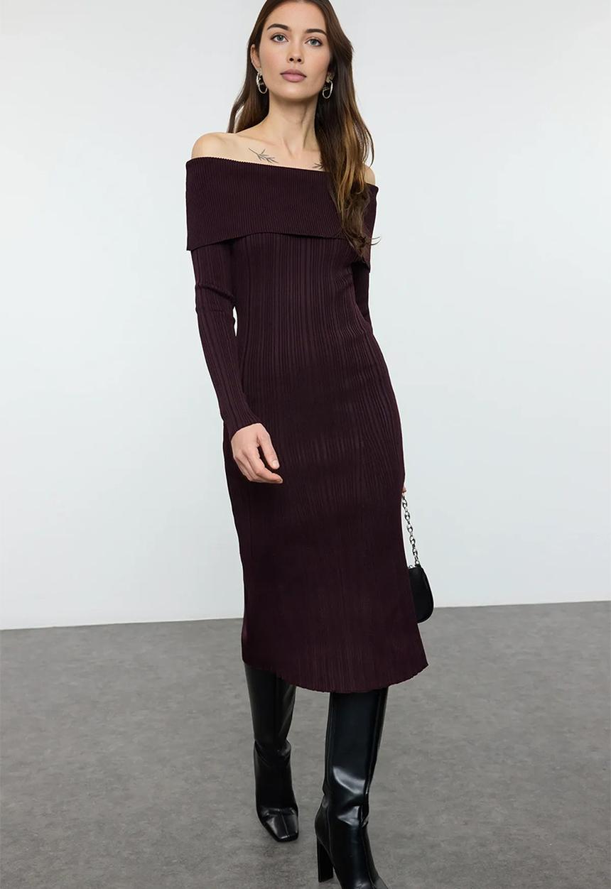 Trendyol - Midi Pencil Knitwear Dress - Plum