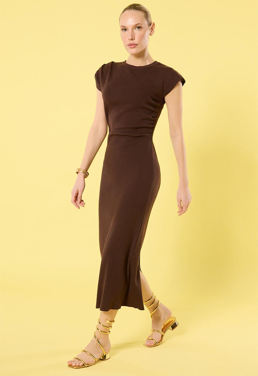 Trendyol - Midi Straight Cut Knit Dress - Brown