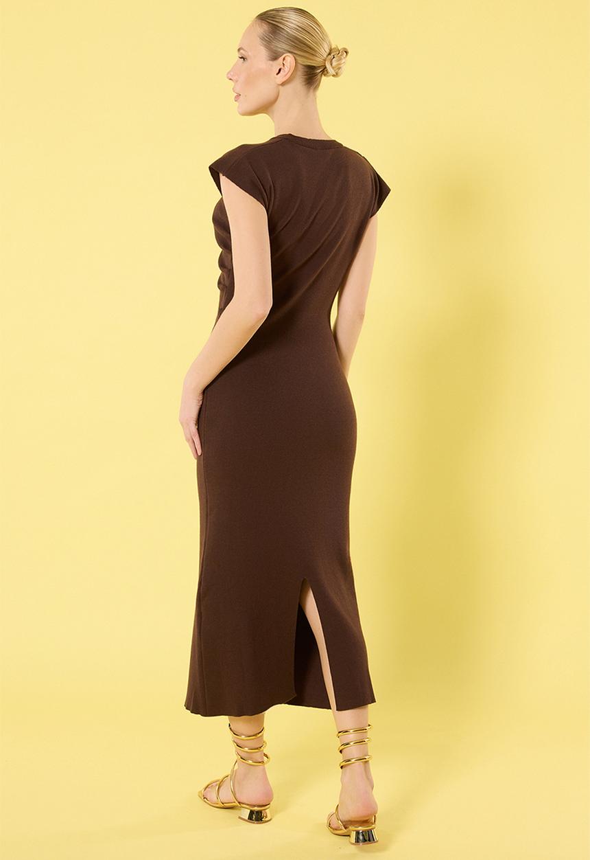 Trendyol - Midi Straight Cut Knit Dress - Brown
