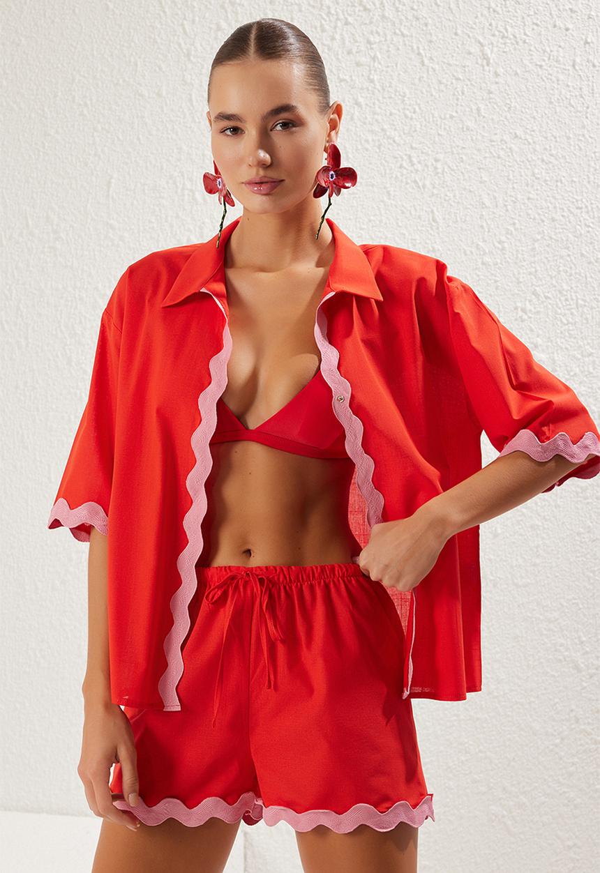 Trendyol - Stripe Accessory Kimono Shorts Beach Suit Set - Red-Pink