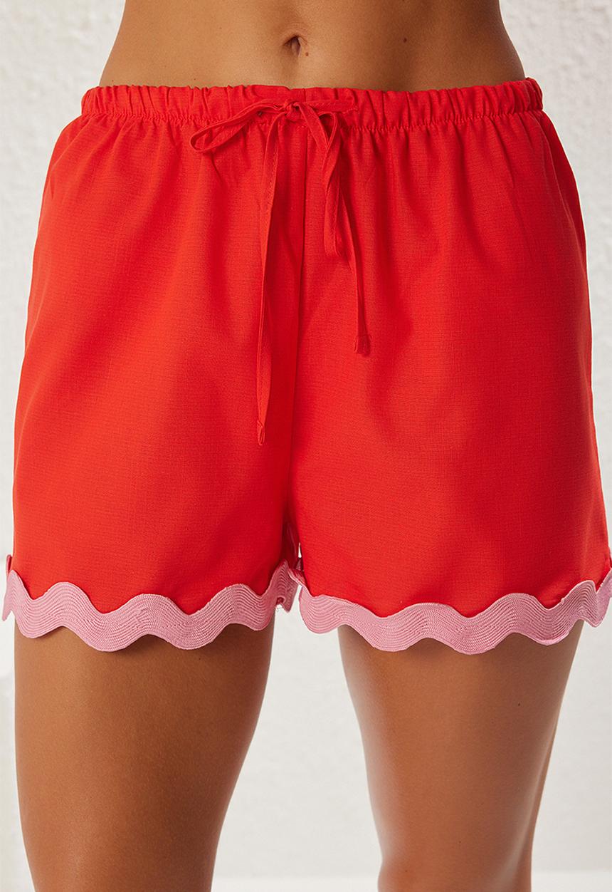 Trendyol - Stripe Accessory Kimono Shorts Beach Suit Set - Red-Pink