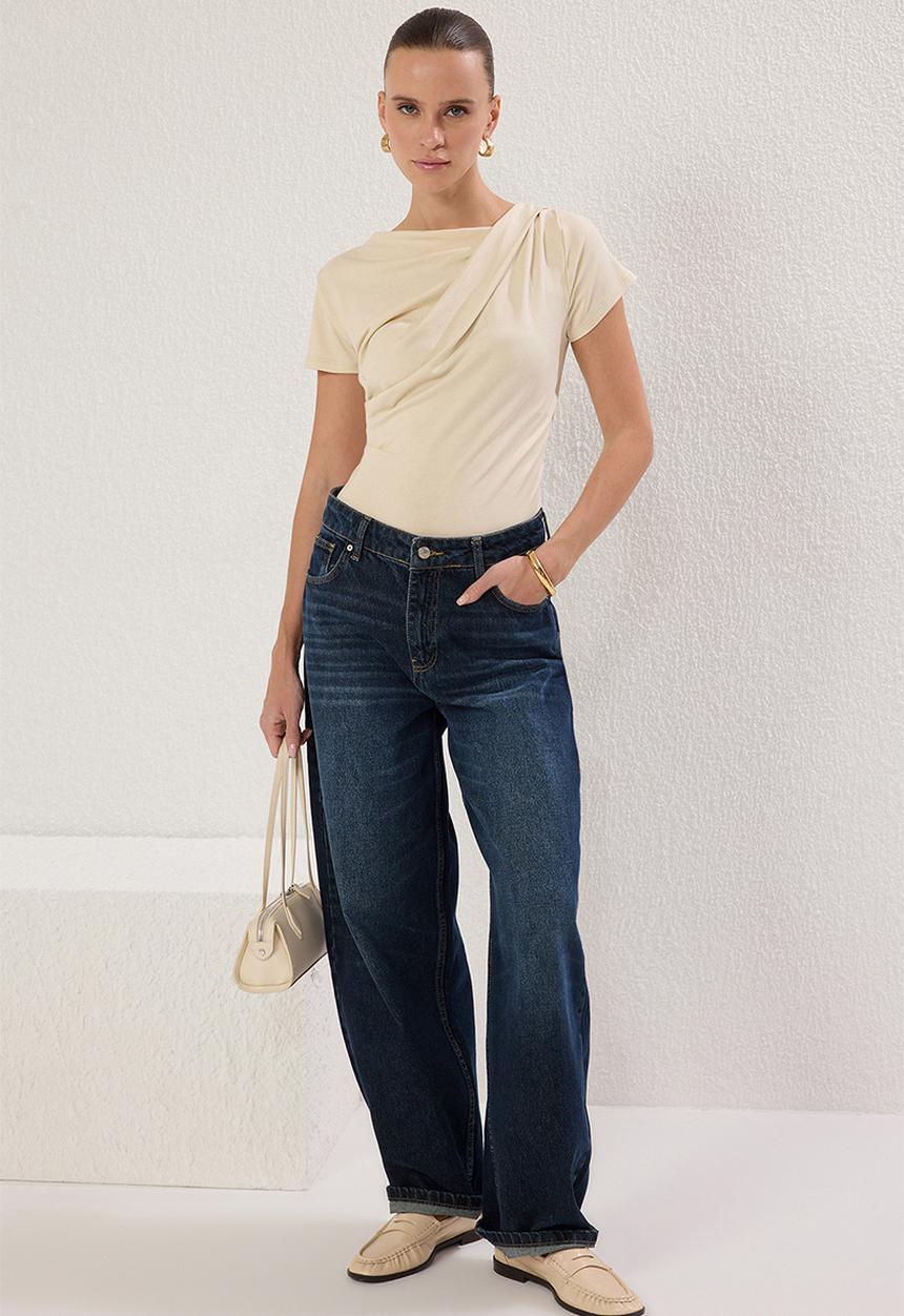 Trendyol - Drape Detailed Drawstring Knitted Blouse - Stone