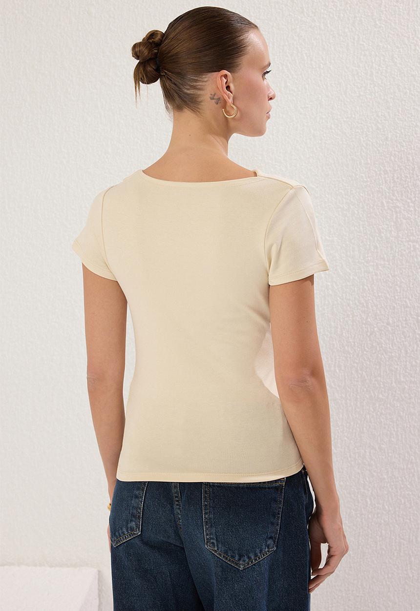 Trendyol - Drape Detailed Drawstring Knitted Blouse - Stone