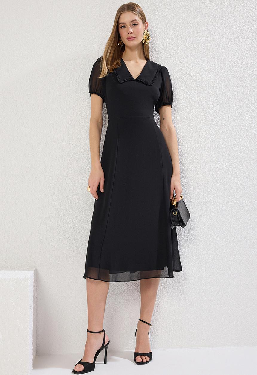 Trendyol - Midi Aline Woven Flat Collar Dress - Black
