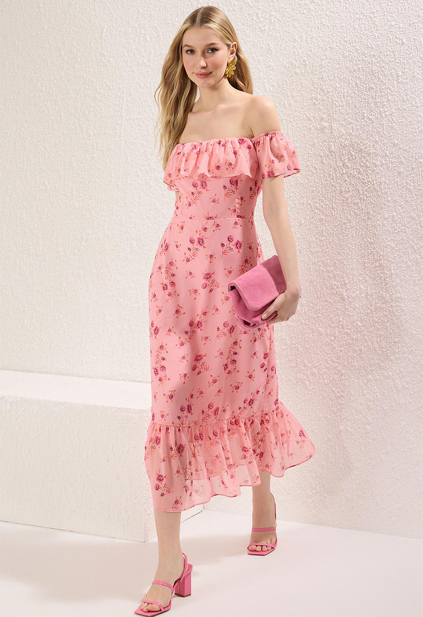 Trendyol - Midi Aline Woven Dress - Floral Pink