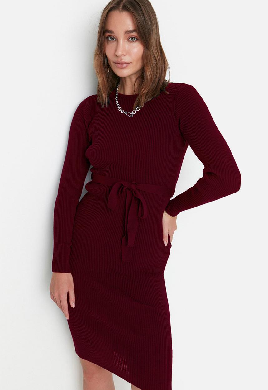 Trendyol - Midi Knit Tie Self Cloth Belt Dress - Burg