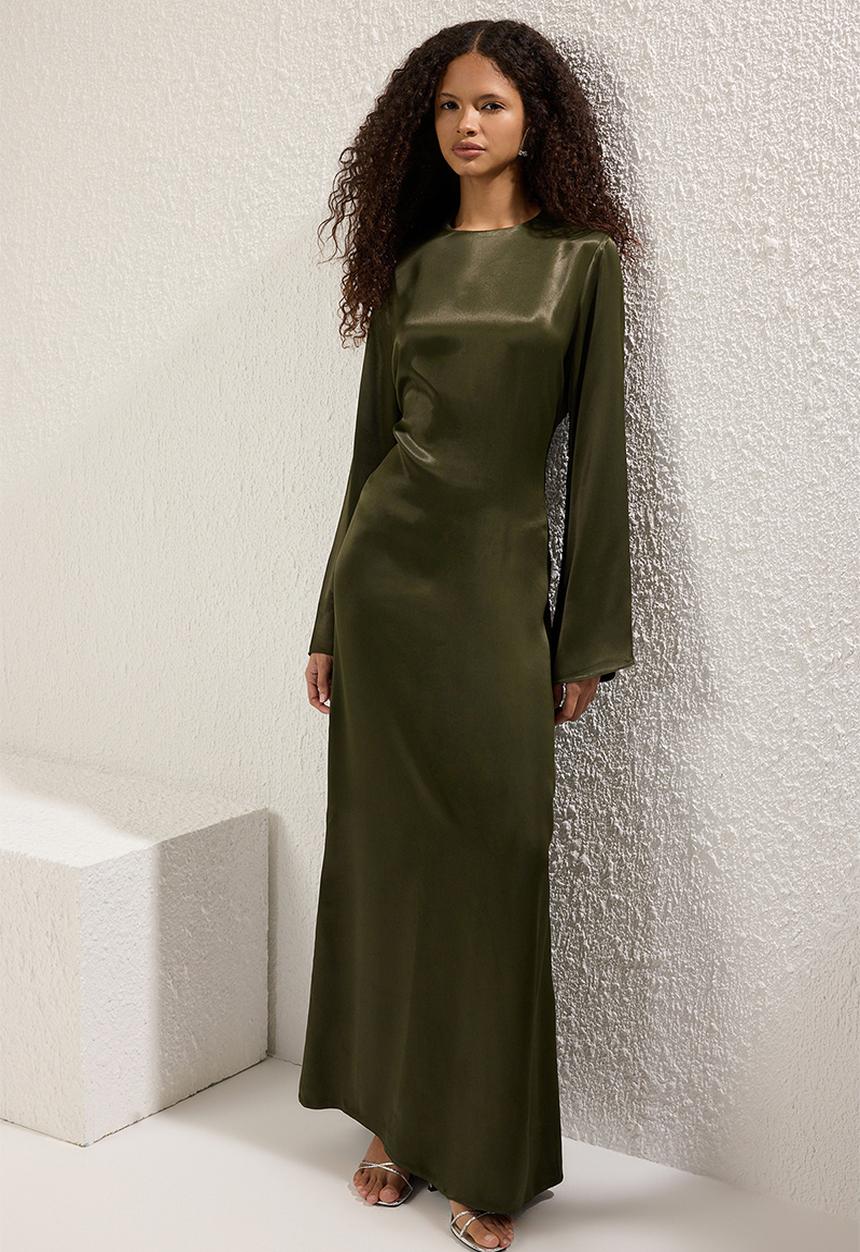 Trendyol - Maxi A line Satin Woven Dress - Khaki