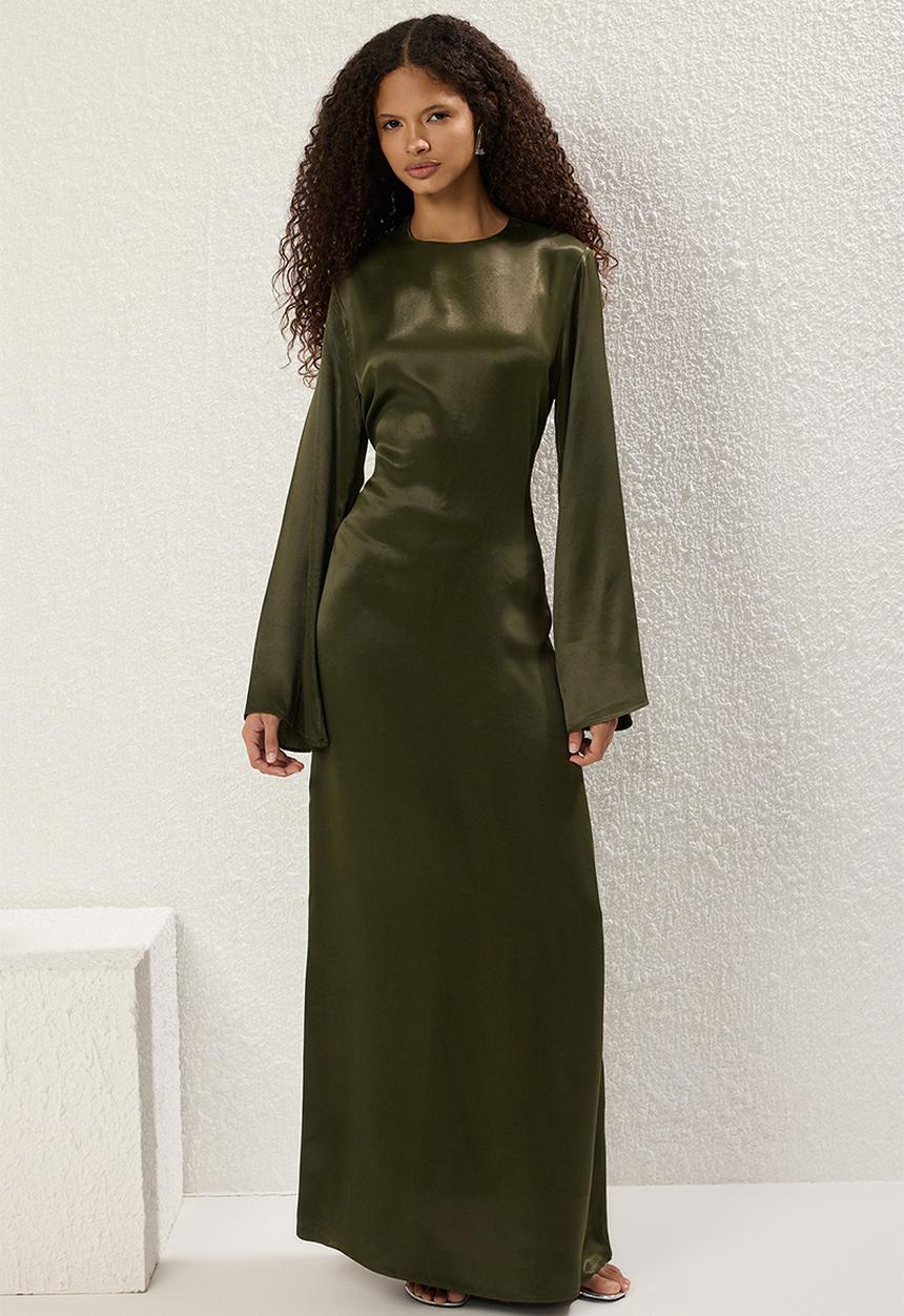 Trendyol - Maxi A line Satin Woven Dress - Khaki