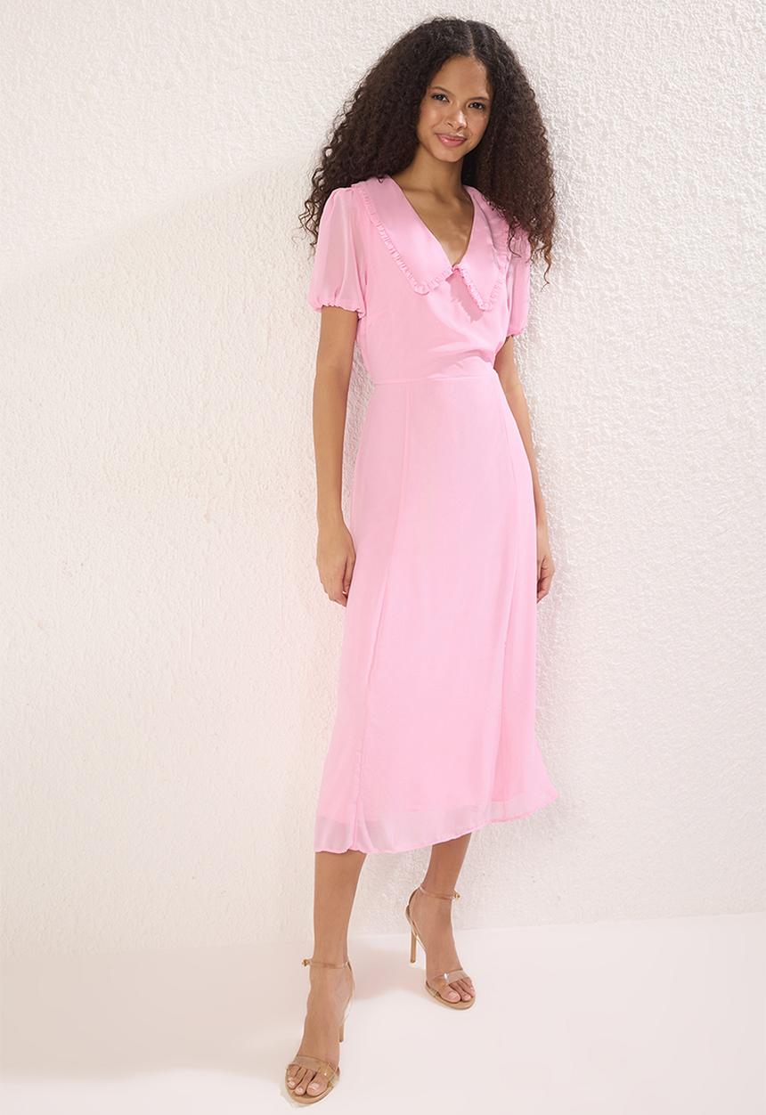 Trendyol - Midi Aline Woven Flat Collar Dress - Pink