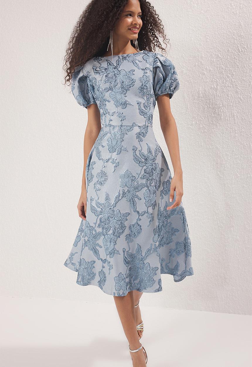 Trendyol - Midi Woven Printed Dress - Light blue