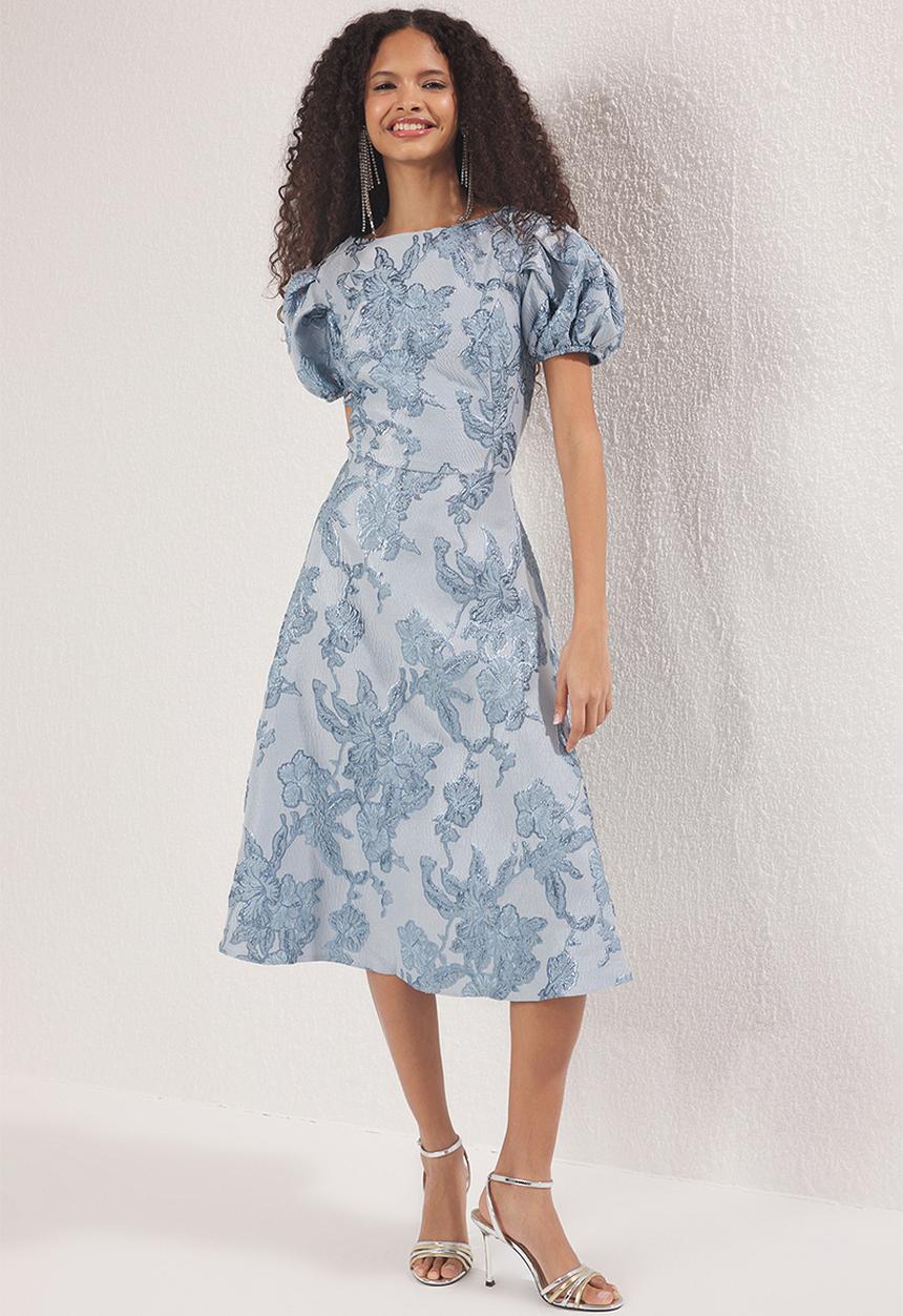 Trendyol - Midi Woven Printed Dress - Light blue
