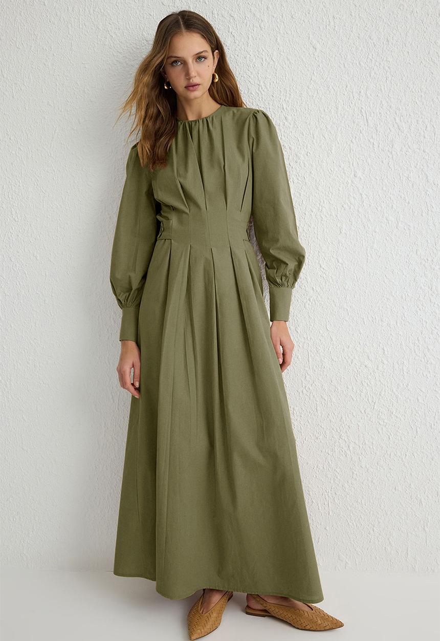Trendyol - Maxi A line Snatched Waist Woven Dress - Khaki