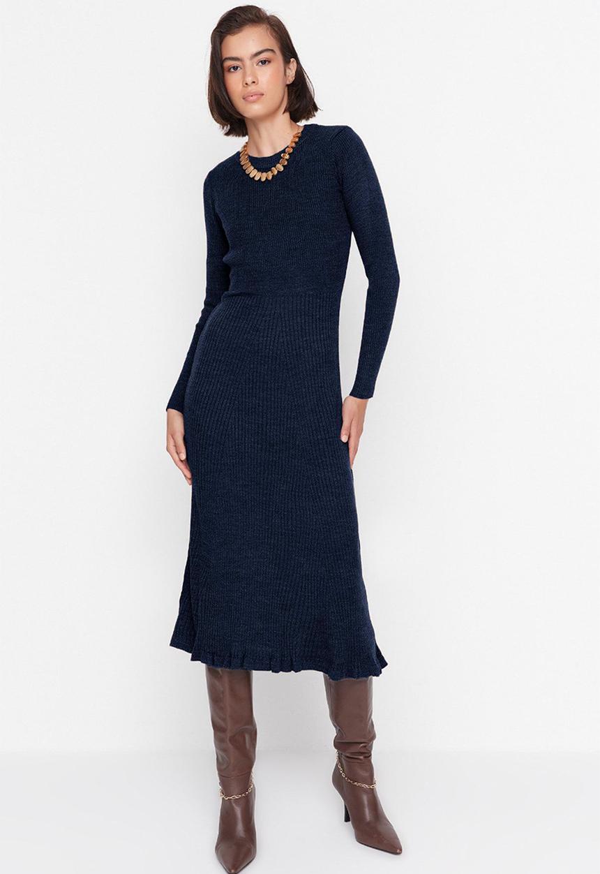 Trendyol - Midi Knit Dress - Navy Blue