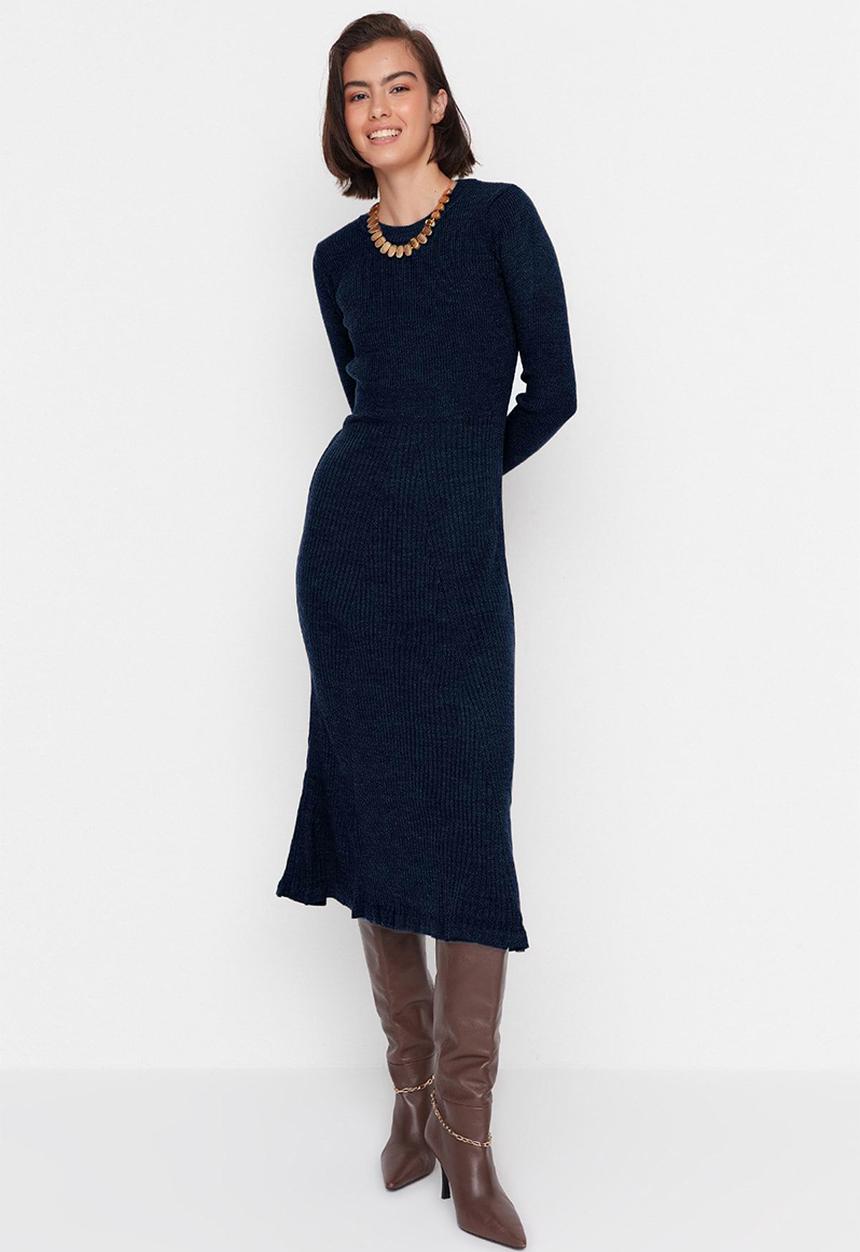 Trendyol - Midi Knit Dress - Navy Blue