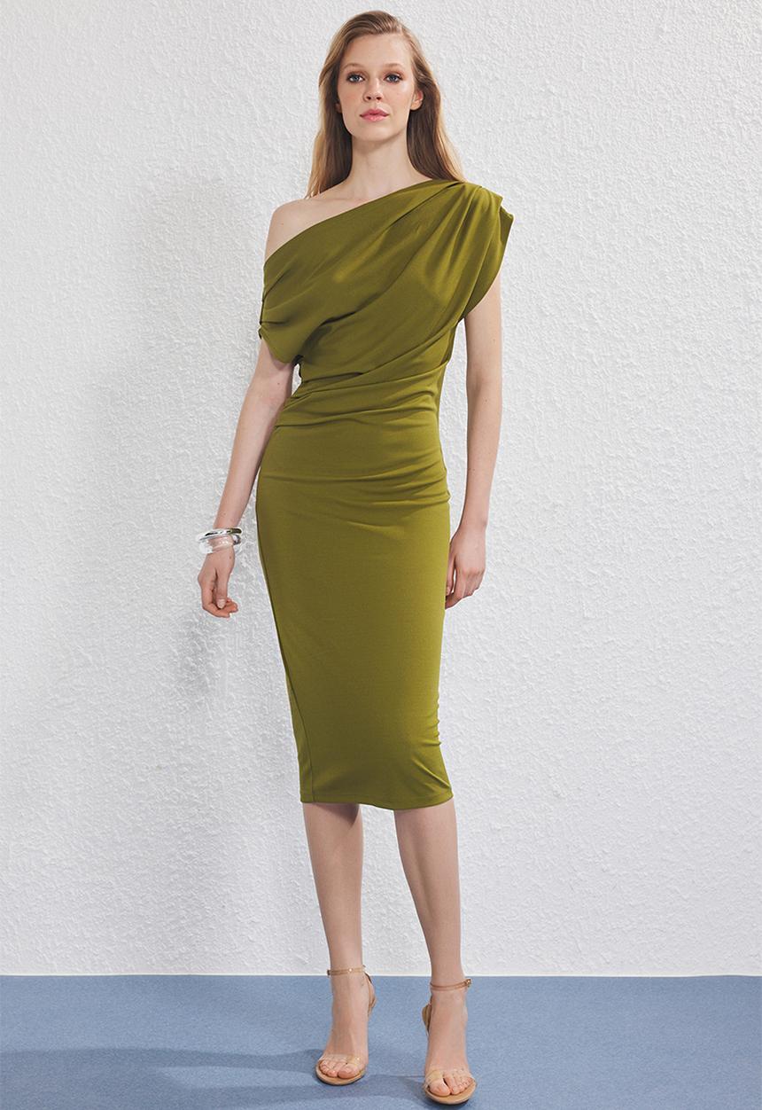 Trendyol - Midi Straight Cut Knit Dress - Oil Green