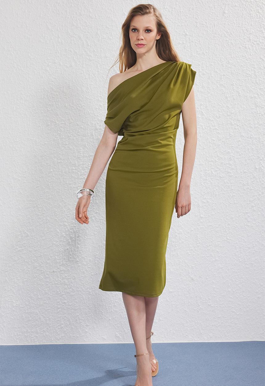 Trendyol - Midi Straight Cut Knit Dress - Oil Green