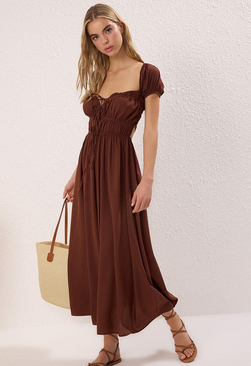 Trendyol - Midi Cap Sleeve  Woven Dress - Brown