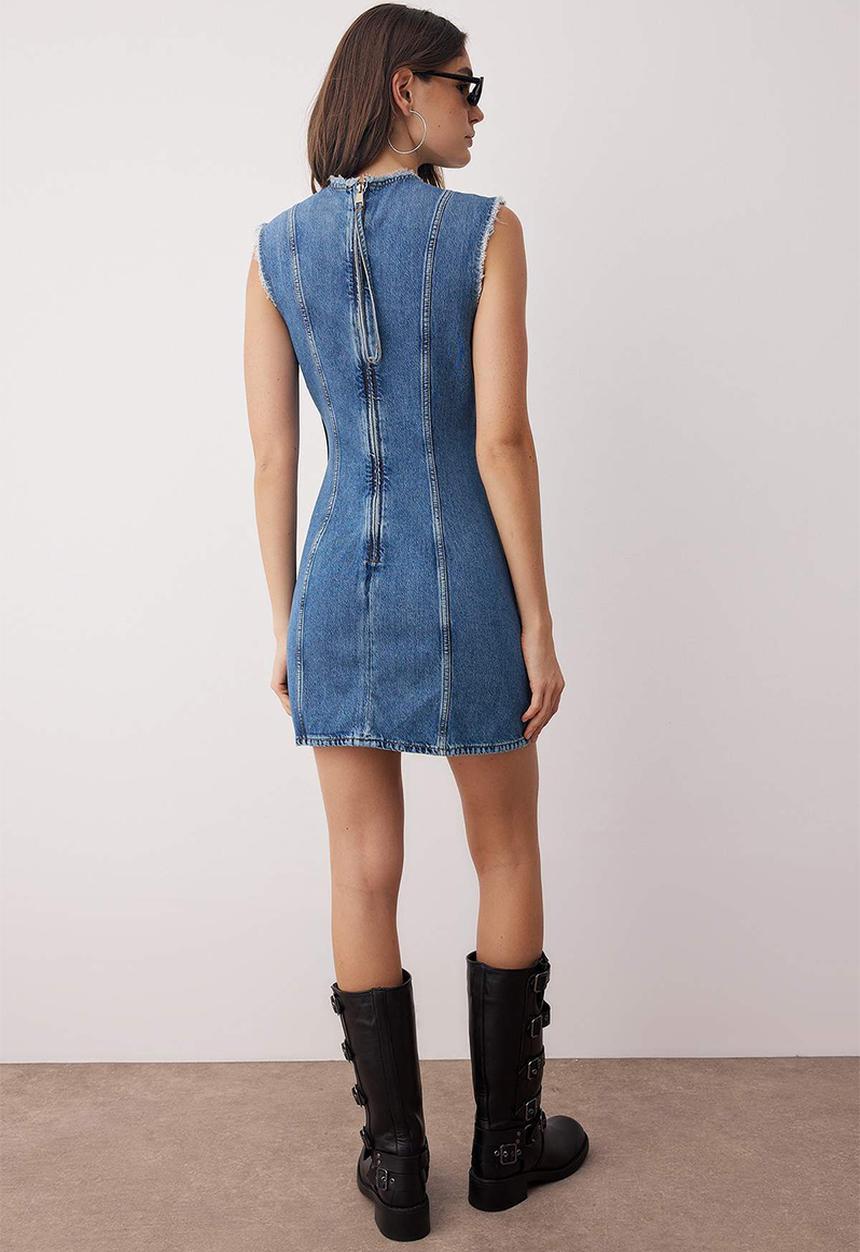 Trendyol - Mini Striaght Denim High Neck  Dress - Blue