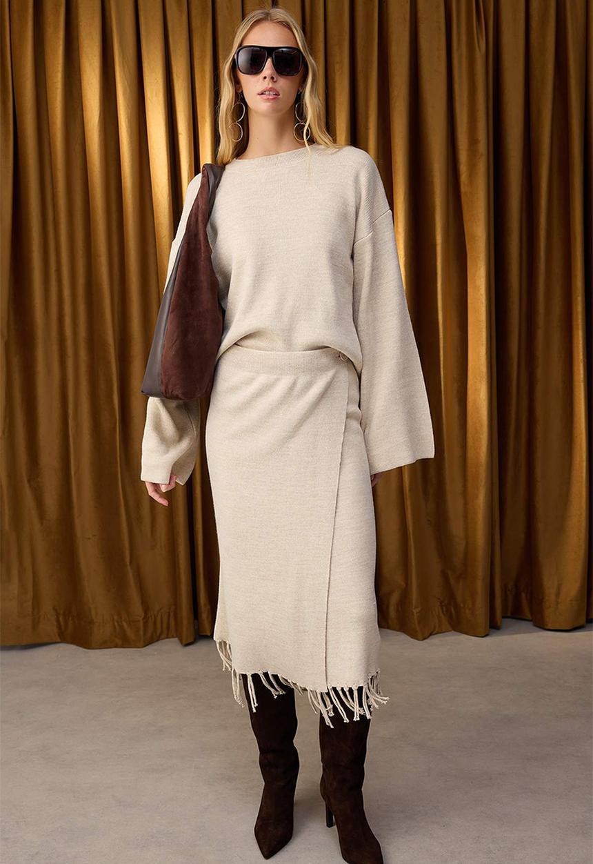 Trendyol - Skirt Tip Tassel Knitwear Bottom-Top Set - Stone
