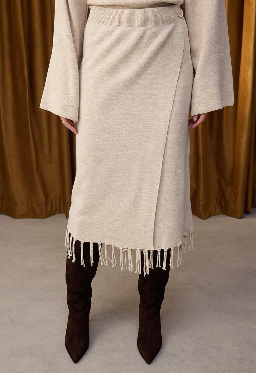 Trendyol - Skirt Tip Tassel Knitwear Bottom-Top Set - Stone