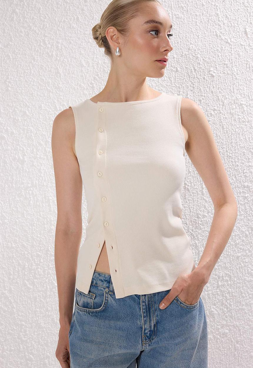 Trendyol - Button Asymmetrical Fitted/Slim Fit Ribbed Stretch Knit Blouse - Stone
