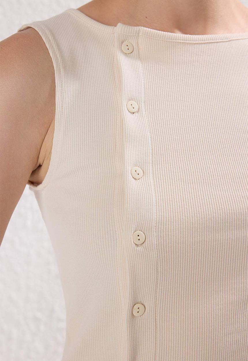 Trendyol - Button Asymmetrical Fitted/Slim Fit Ribbed Stretch Knit Blouse - Stone
