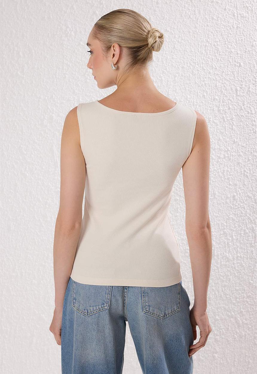 Trendyol - Button Asymmetrical Fitted/Slim Fit Ribbed Stretch Knit Blouse - Stone