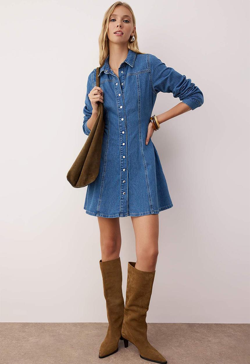 Trendyol - Mini Aline Denim Dress - Blue