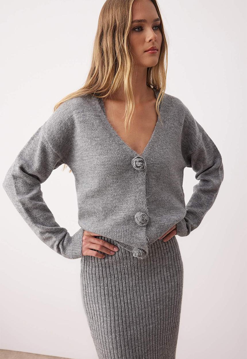 Midi Pencil knitwear V Neck Dress - Grey
