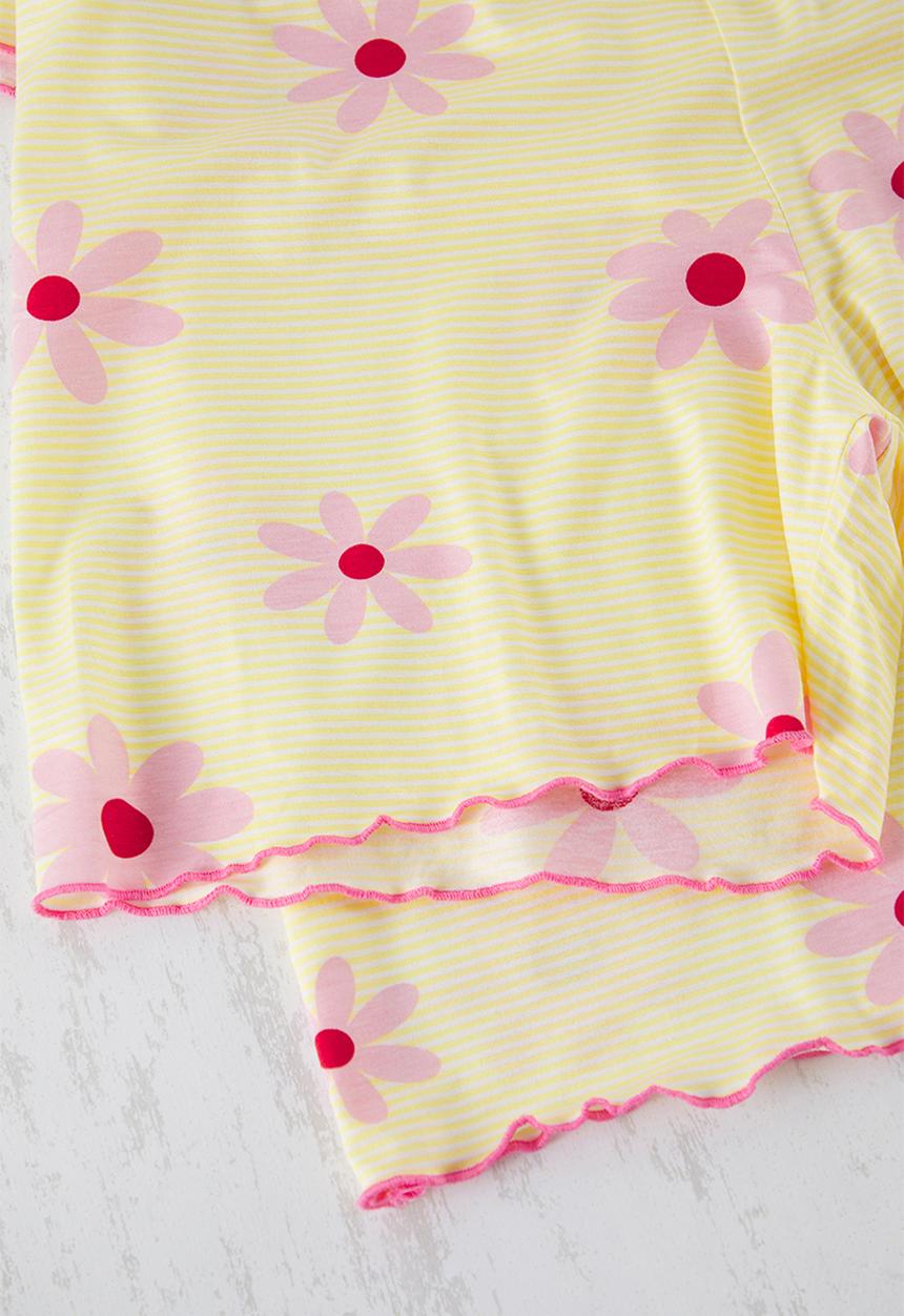 Trendyol - Plus size stripe and floral pajamas set - yellow 