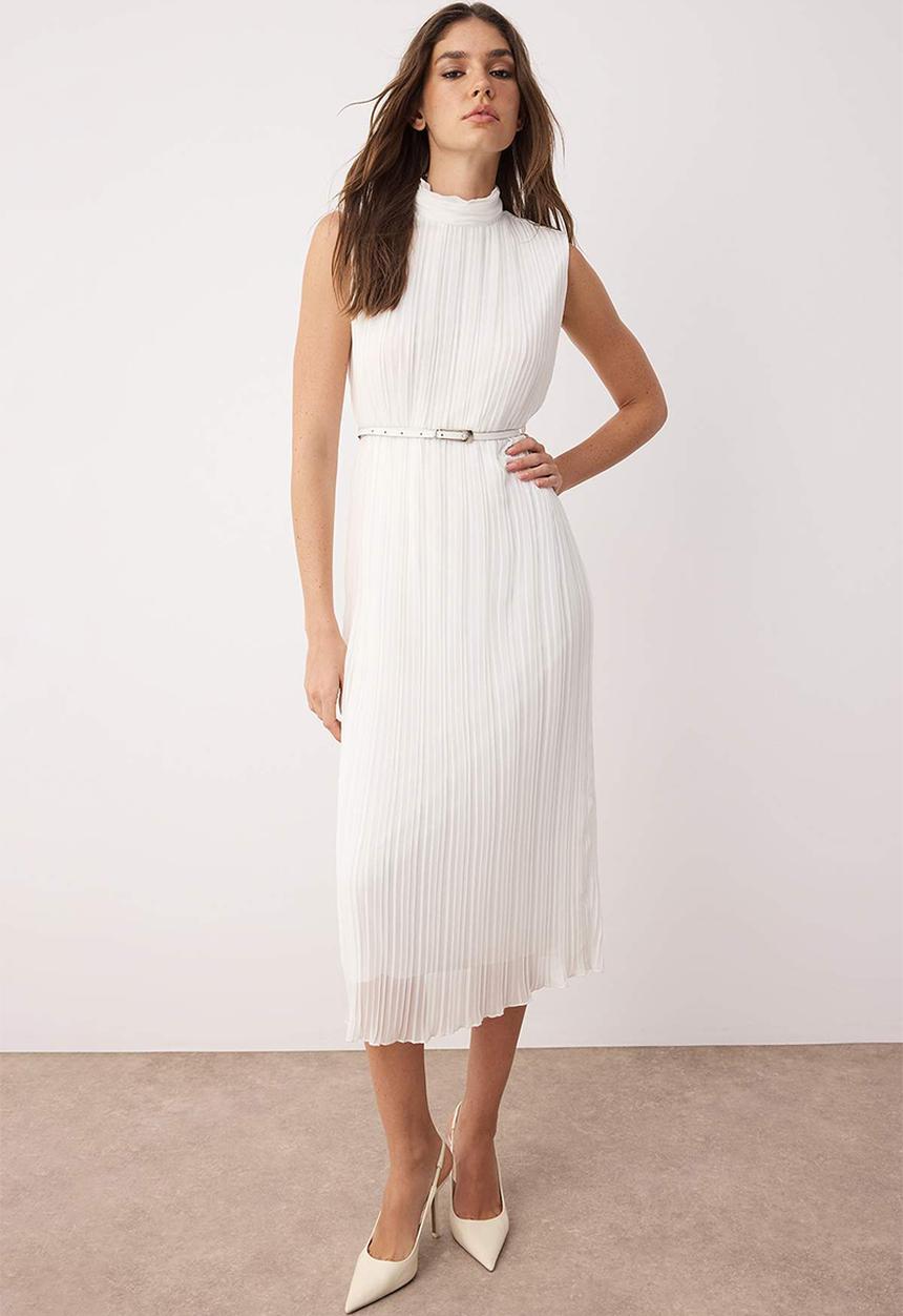 Trendyol - Midi Straight Cut Woven Turtle Neck Dress - White