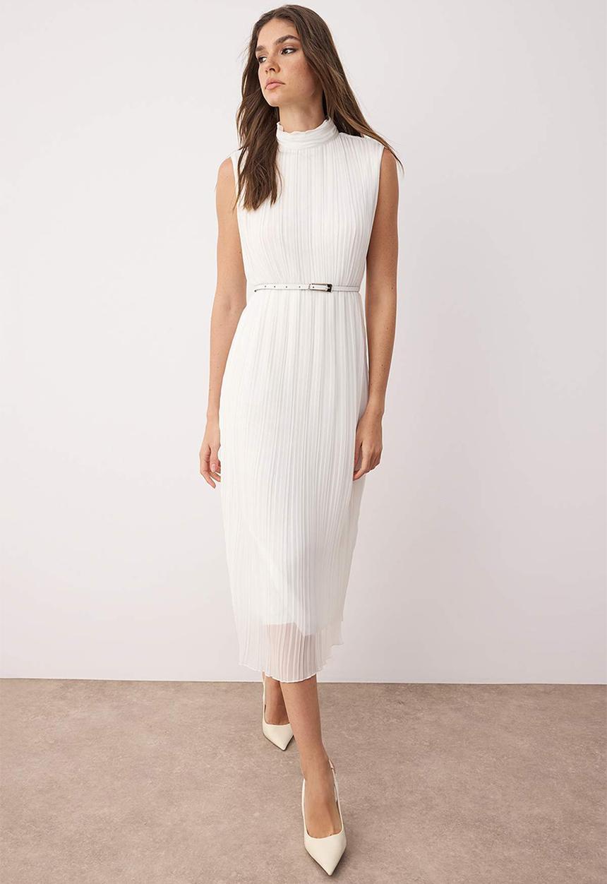Trendyol - Midi Straight Cut Woven Turtle Neck Dress - White